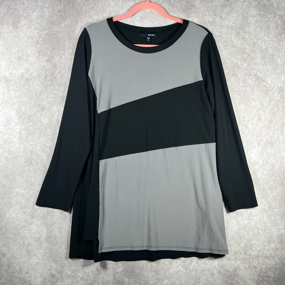 Sun Kim Top Womens Small Black Gray Colorblock Tunic Long Sleeve‎ Stretch Mature